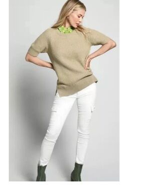 CAbi | #6495 Skinny Cargo Pocket Jeans White Denim Stretch Mid Rise Sz 0